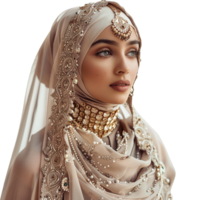 ai generiert damit ziemlich Muslim Modell- tragen feinste Kleid und Schmuck isoliert auf transparent Hintergrund png