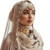 AI generated So pretty muslim model wearing finest dress and jewelry isolated on transparent background png