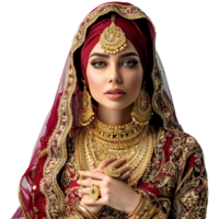 AI generated So pretty muslim model wearing finest dress and jewelry isolated on transparent background png