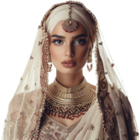 AI generated So pretty muslim model wearing finest dress and jewelry isolated on transparent background png