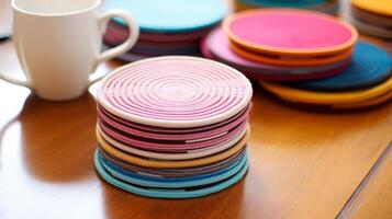 AI generated Yarn-wrapped coasters, protecting your surfaces. Generative AI photo