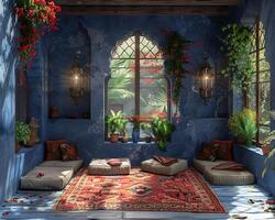 AI Generated Bohemian reading nook with floor cushions tapestries photo