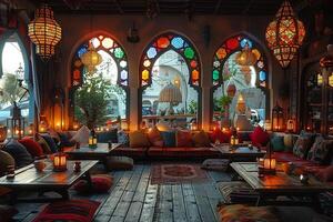 AI Generated Moroccan-style lounge with rich colors lanterns photo