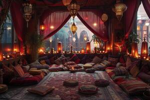 AI Generated Moroccan-style lounge with rich colors lanterns photo