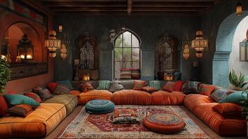 ai generado estilo marroquí salón con Rico colores linternas foto