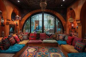 AI Generated Moroccan-style lounge with rich colors lanterns photo