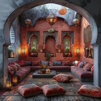 AI Generated Moroccan-style lounge with rich colors lanterns photo