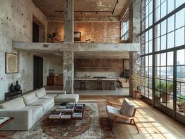 AI Generated Minimalist urban loft with exposed brick and large photo