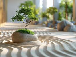 AI Generated Minimalist Zen garden with raked sand and simple photo