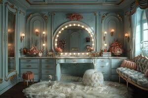 AI Generated Glamorous dressing room with a vintage vanity and soft photo