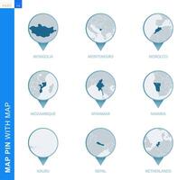 Collection of map pin with detailed map and neighboring countries vector