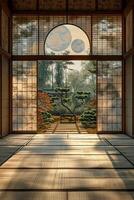 AI Generated Zen meditation room with tatami mats a low table photo