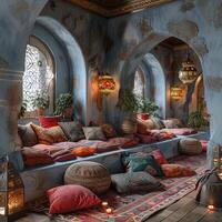 AI Generated Moroccan-style lounge with rich colors lanterns photo