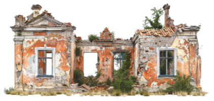AI generated Desolate ruins of a once-standing dilapidated building on transparent background - stock png. png