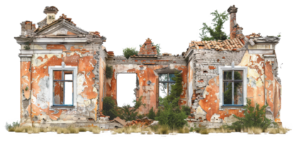 AI generated Desolate ruins of a once-standing dilapidated building on transparent background - stock png. png