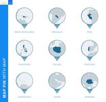 Collection of map pin with detailed map and neighboring countries vector