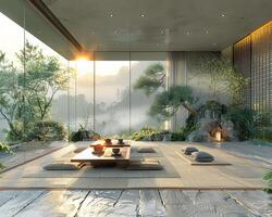 AI Generated Zen meditation room with tatami mats a low table photo