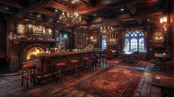 AI Generated Old English pub with dark wood cozy fireplaces photo