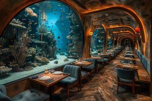 AI Generated Underwater-themed restaurant with aquarium walls and marine decor photo