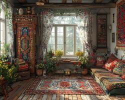 AI Generated Traditional Russian dacha with folk art and a samovar3D render. photo