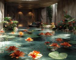 AI Generated Serene water-themed spa with indoor ponds and floating flower arrangements.3D render photo