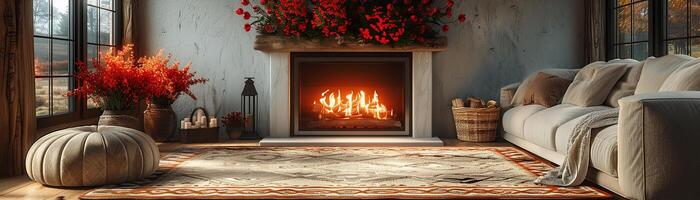 AI Generated Traditional English cottage living room with floral patterns and cozy fireplace3D render photo