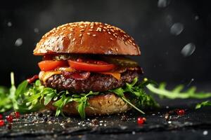 ai generado otoño comida concepto. creativo hamburguesa en negro antecedentes. cubrir. foto
