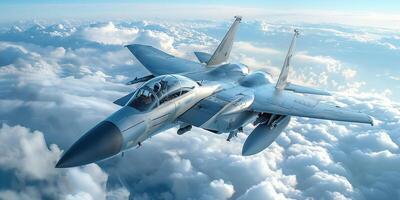 AI Generated Military jet fighter plane flying above cloudy sky photo