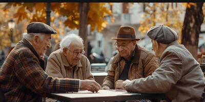 AI Generated Elderly men play chess on a bench in city park. photo