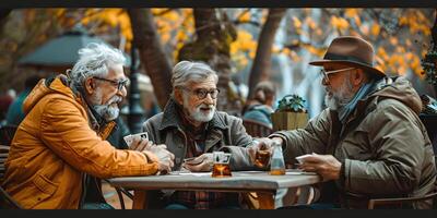 AI Generated Elderly men play chess on a bench in city park. photo