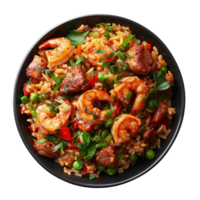 AI generated Cajun-inspired shrimp and sausage jambalaya with rice and vegetables on transparent background - stock png. png