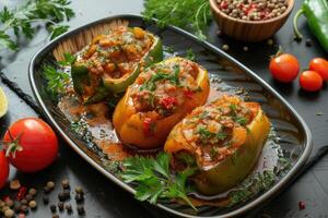 ai generado relleno pimientos, sabroso Pimientos delicioso cocido comida con carne verduras foto