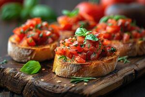 ai generado Bruschetta italiano comida profesional publicidad comida fotografía foto