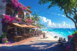AI generated A bustling coffee shop nestled on a bustling boardwalk photo