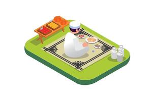 Isometric illustration ramadan kareem eating foody.  with food and drinks on the table. Suitable for Diagrams, Infographics, Book Illustration , Infographics, And Other Graphic asset vector