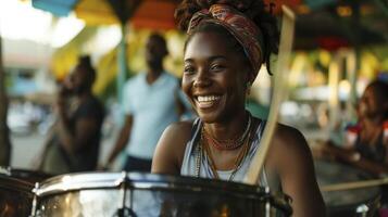 AI generated A young woman from the Caribbean, with a joyful expression and a steelpan, is playing music in a band in Port of Spain, Trinidad and Tobago photo