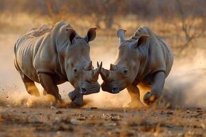 ai generado dos rinoceronte luchando en safarigenerativo ai foto