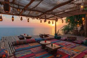 AI generated A bohemian beach cafe adorned with colorful tapestries photo