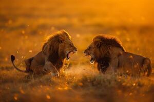 ai generado dos masculino leones son luchando en el sabana safari.generativo ai foto