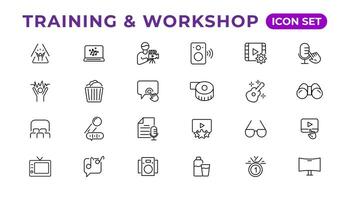 Training and workshop linear icons collection.Set of thin line web icon set, simple line icons collection, Pixel Perfect icons, Eadible vector illustration.