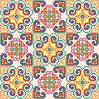 Cross stitch pattern featuring colorful flowers and swirls on a white background. Design for flowers, colorful,background, embroidery, floral pattern, stitches floral motif decorative textile art. vector