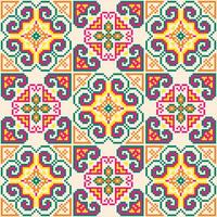 Cross stitch pattern featuring colorful flowers and swirls on a white background. Design for flowers, colorful,background, embroidery, floral pattern, stitches floral motif decorative textile art. vector