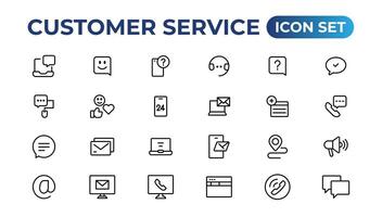 cliente Servicio icono colocar. conteniendo cliente satisfecho, asistencia, experiencia, comentario, operador y técnico apoyo iconos.delgados contorno íconos embalar. vector