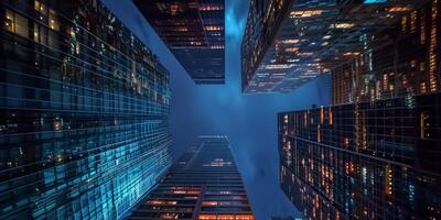 Generskyscrapers at night view from below ative AI photo