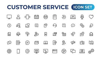 cliente Servicio icono colocar. conteniendo cliente satisfecho, asistencia, experiencia, comentario, operador y técnico apoyo iconos.delgados contorno íconos embalar. vector