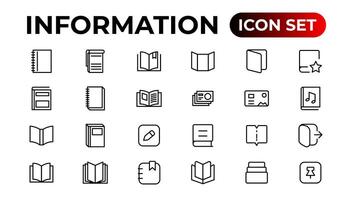 información sencillo mínimo Delgado línea iconos.folleto línea íconos colocar. volantes folleto, Catálogo, folleto, revista, membrete, abierto libro y otro. vector