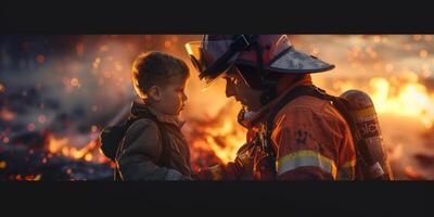 bombero gene ahorra un niño desde un fuego rativo ai foto