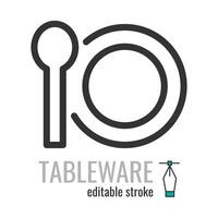 Tableware line icon.Restaurant food symbol.Spoon,plate pictogram.Dinner, utensil, table setting sign. Vector graphics illustration EPS 10. Editable stroke