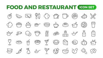 Food icon collection. Containing meal, restaurant, dishes, and fruit icons. Set of outline icons related to food and drink. Linear icon collection. Outline icons such as drink water,apple leaf,pack. vector