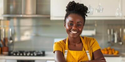 woman with a beautiful smile in the kitchen photo